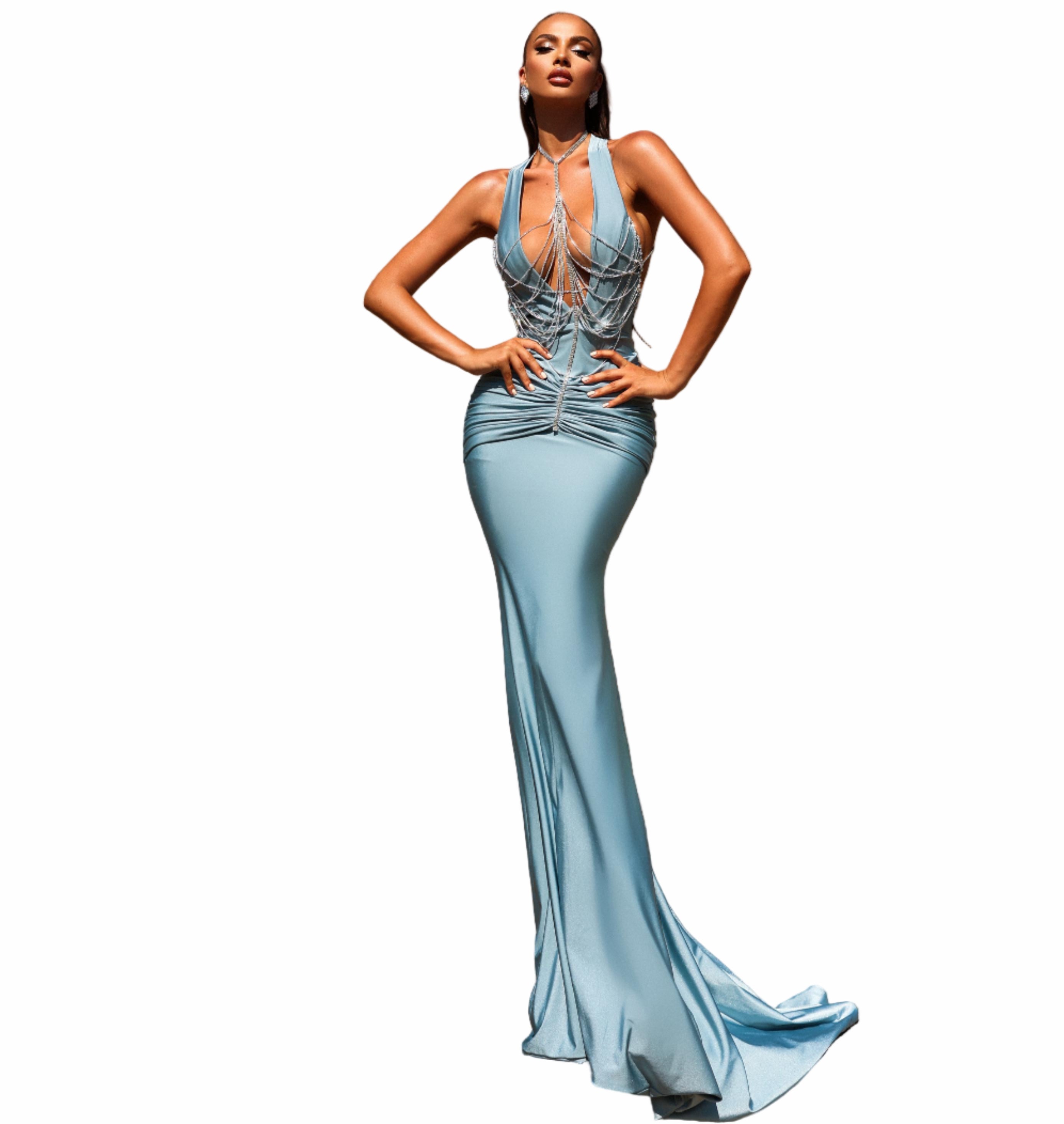 Woman in a blue evening gown 