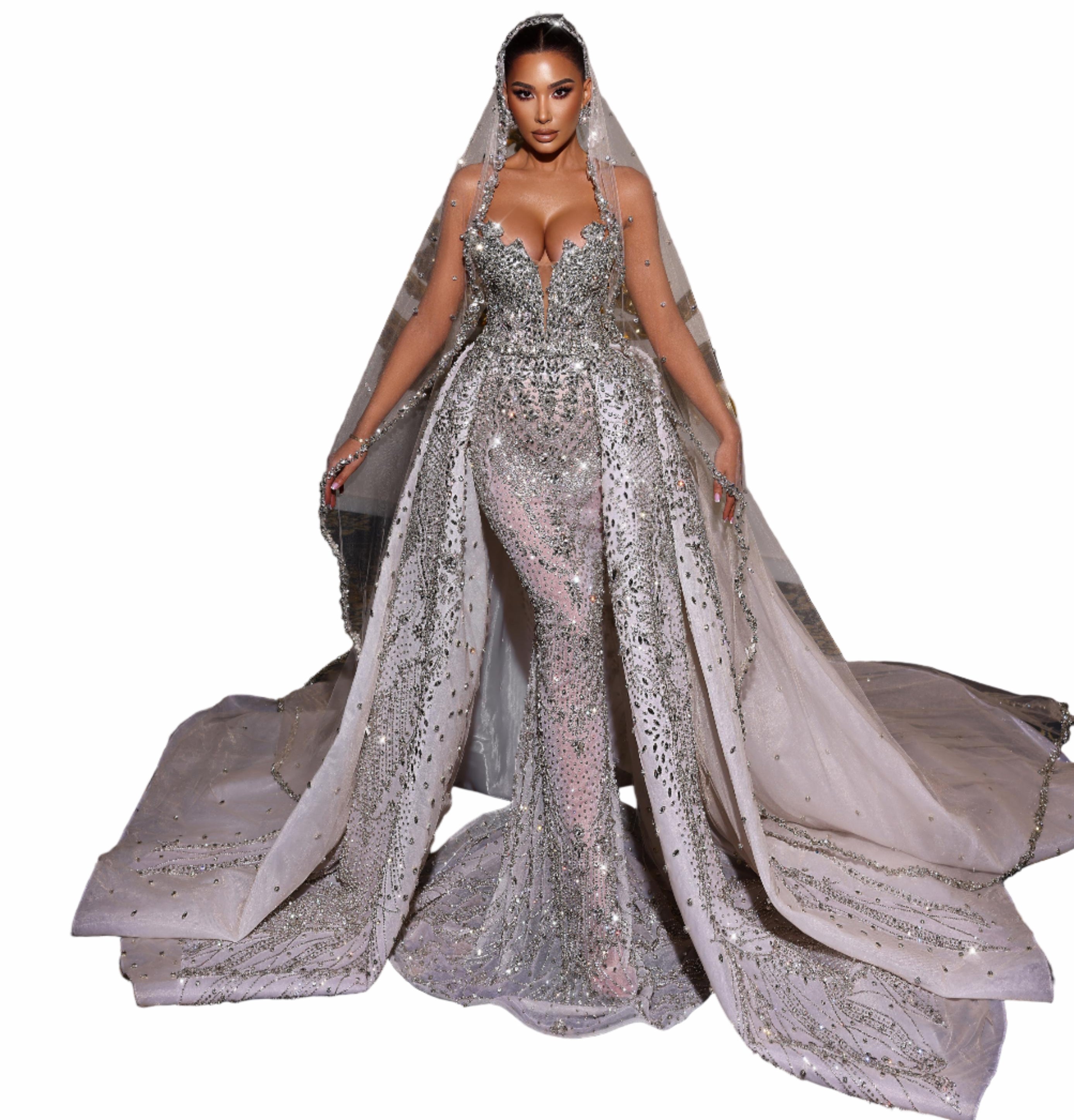 Woman in a sparkling silver wedding gown 