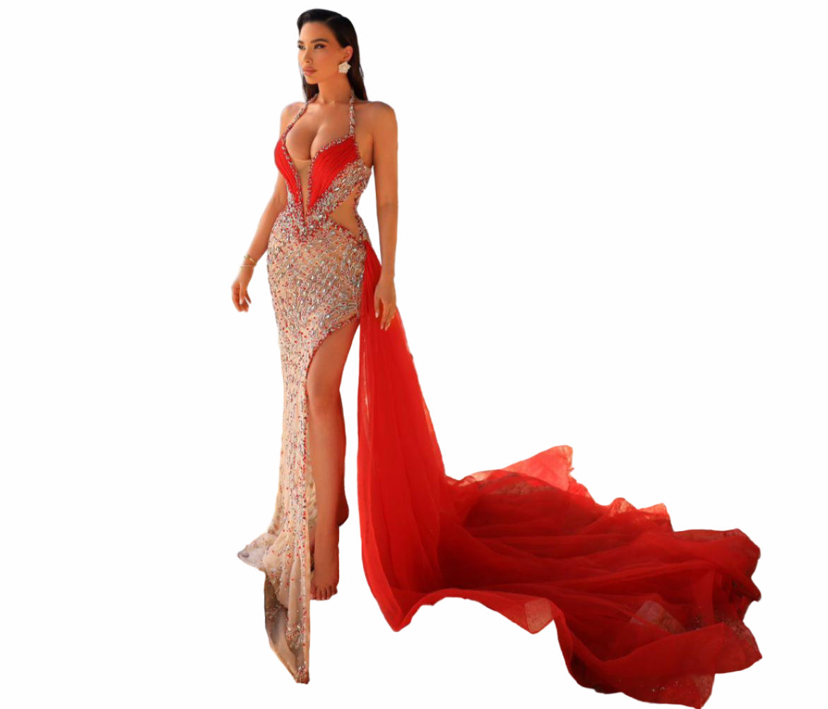 Woman in a red and beige dress 