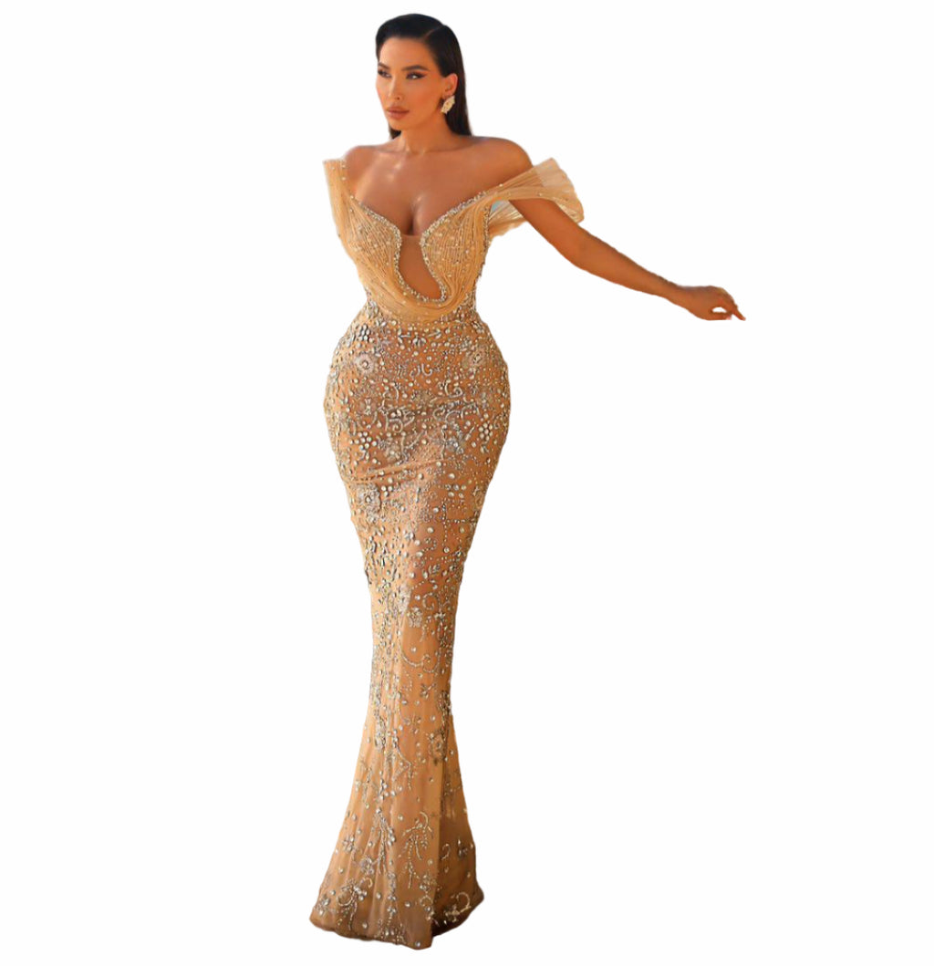 Woman in a gold dress 