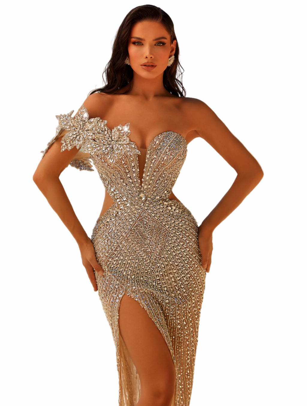 Woman in a sparkling silver dress 