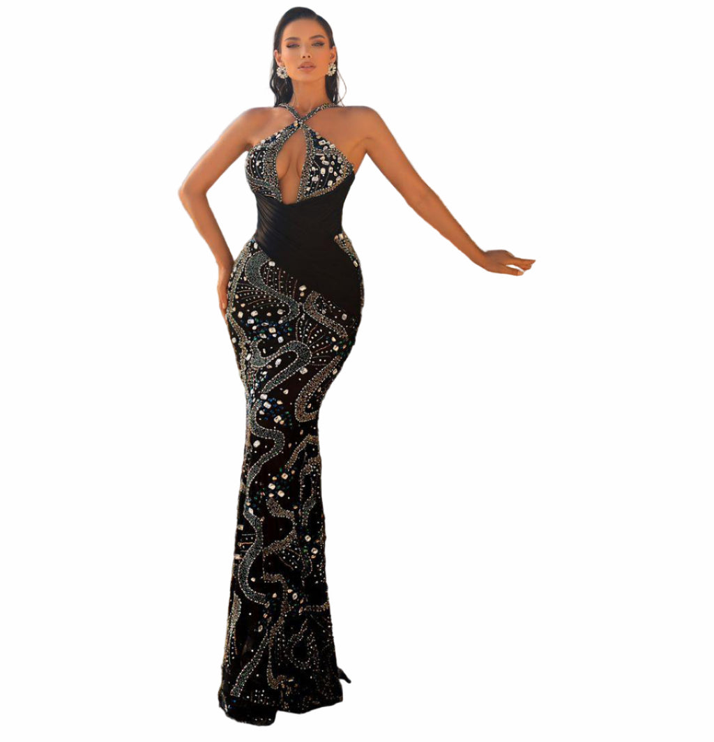 Woman in a black and silver dress 