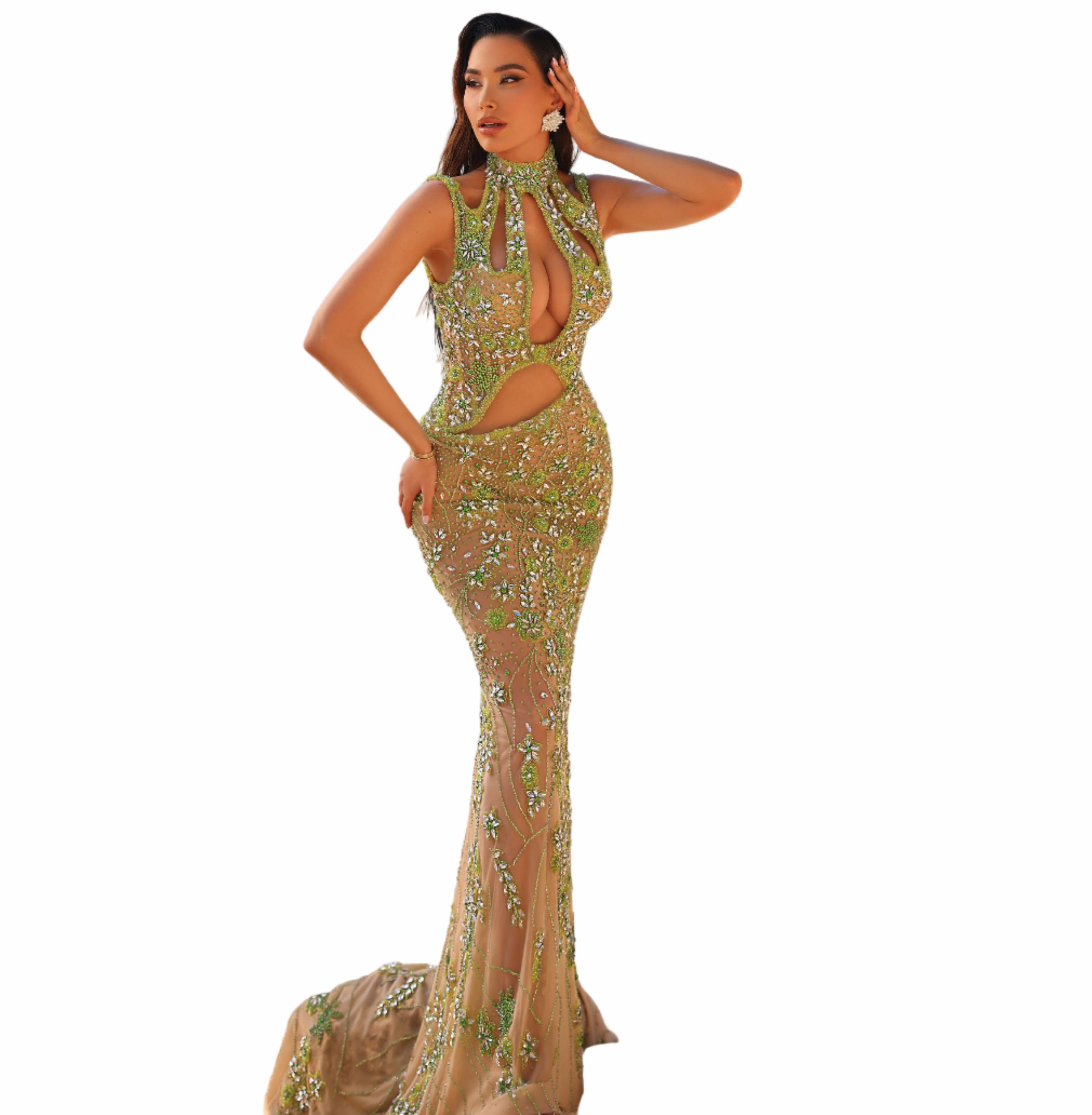Woman in a green evening gown 