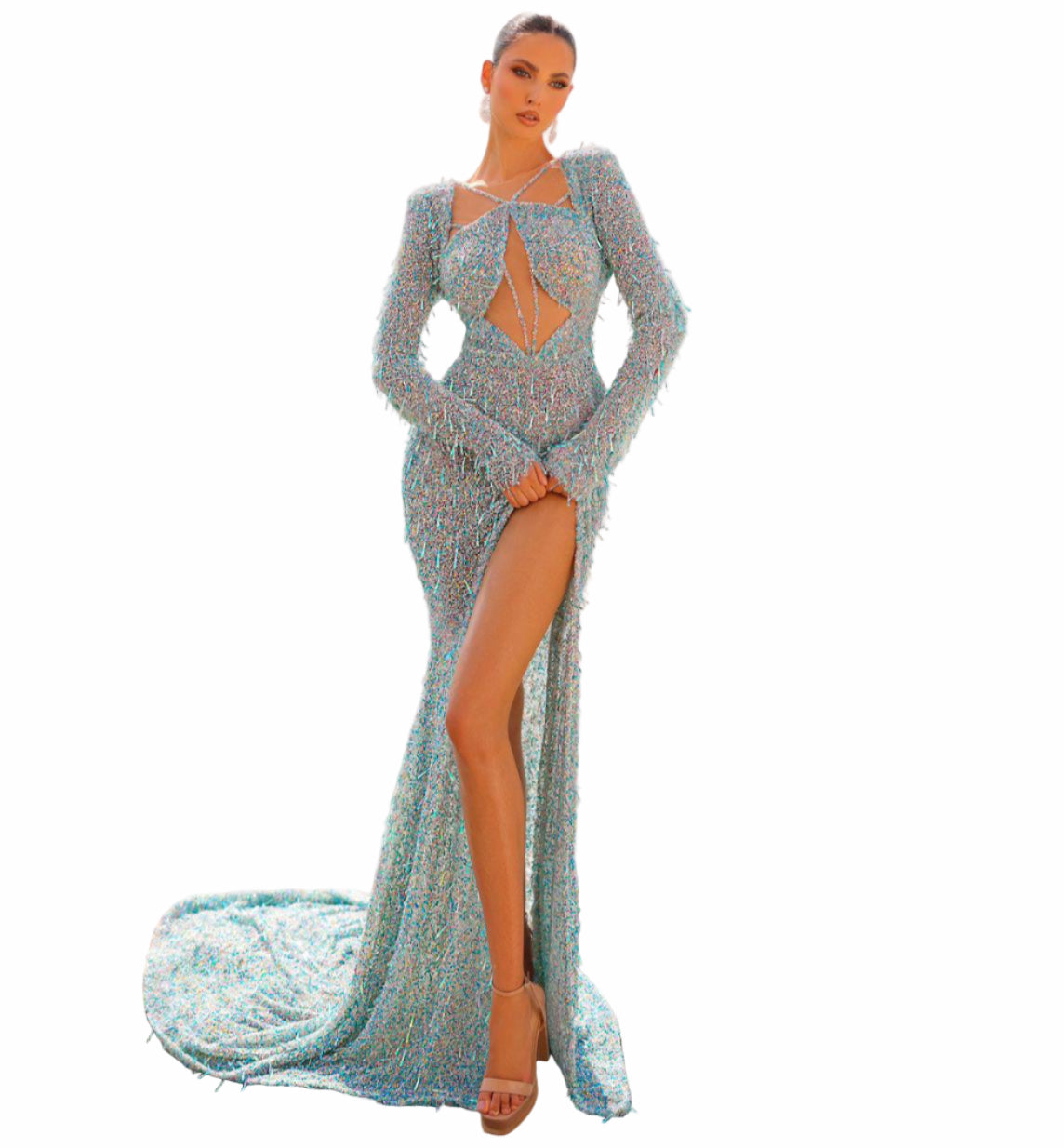 Woman in a sparkling silver dress 