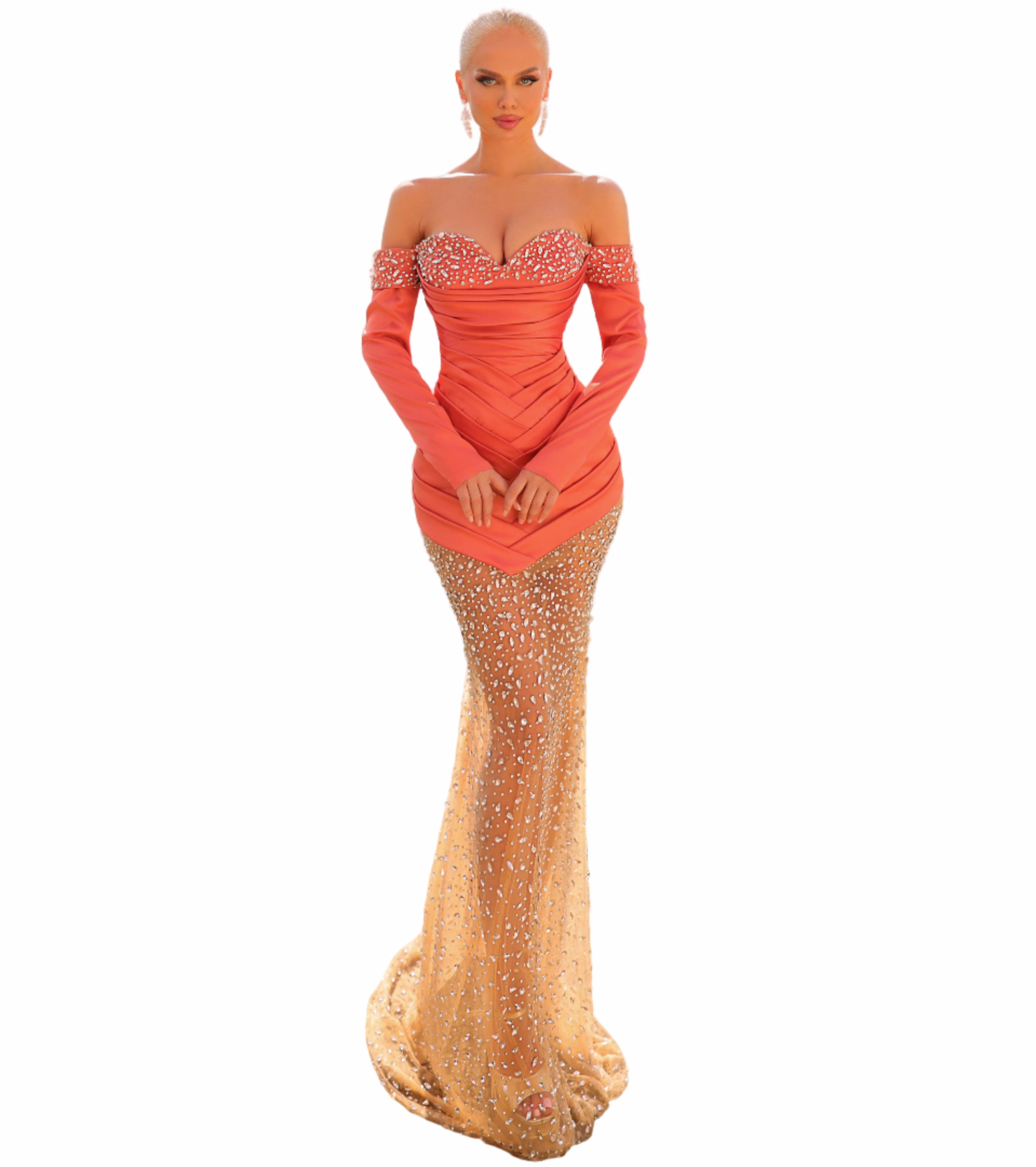 Woman in a coral off-shoulder dress with gold bottom 