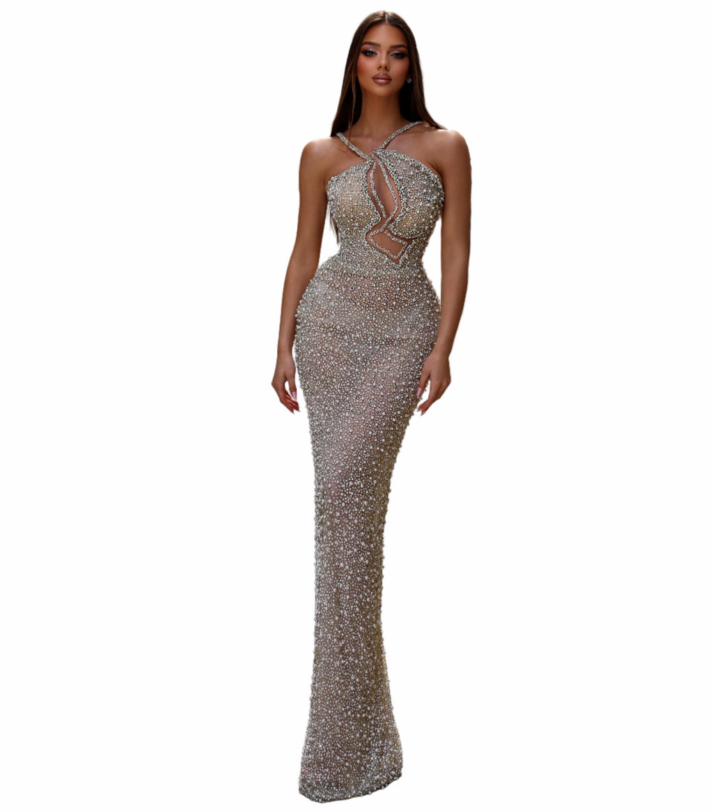Woman in a silver evening gown 