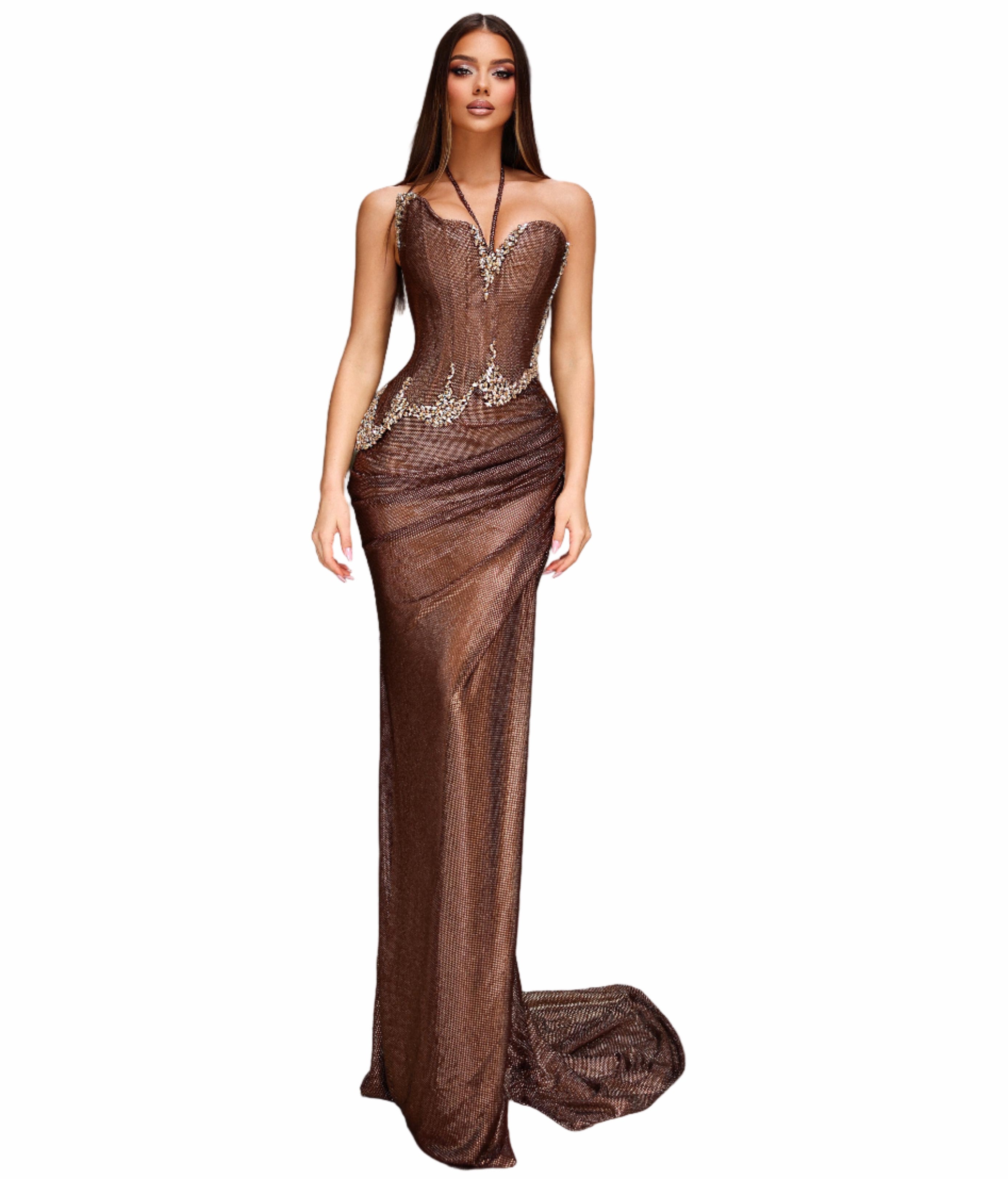 Woman in a brown evening gown 