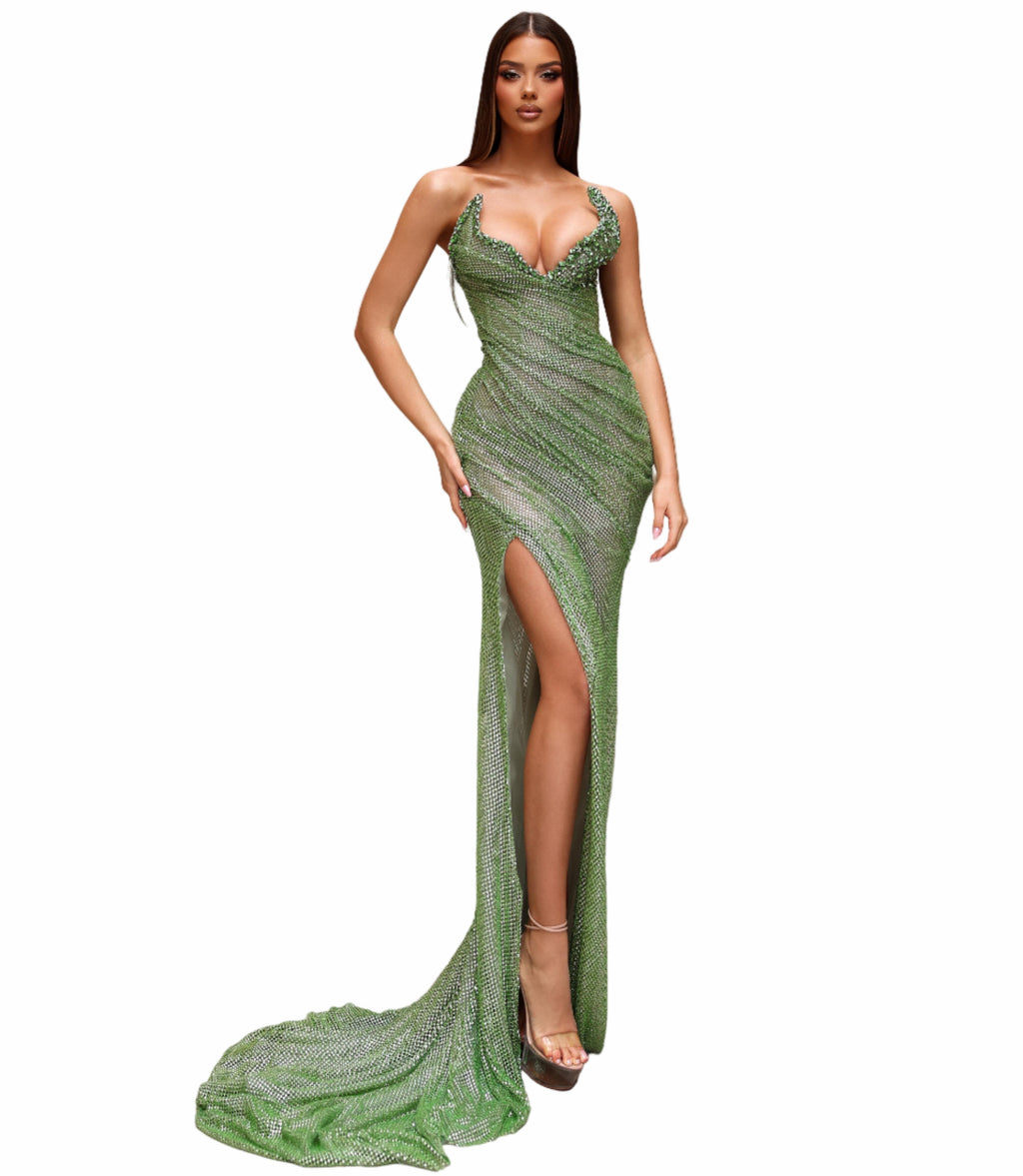 Woman in a green evening gown 