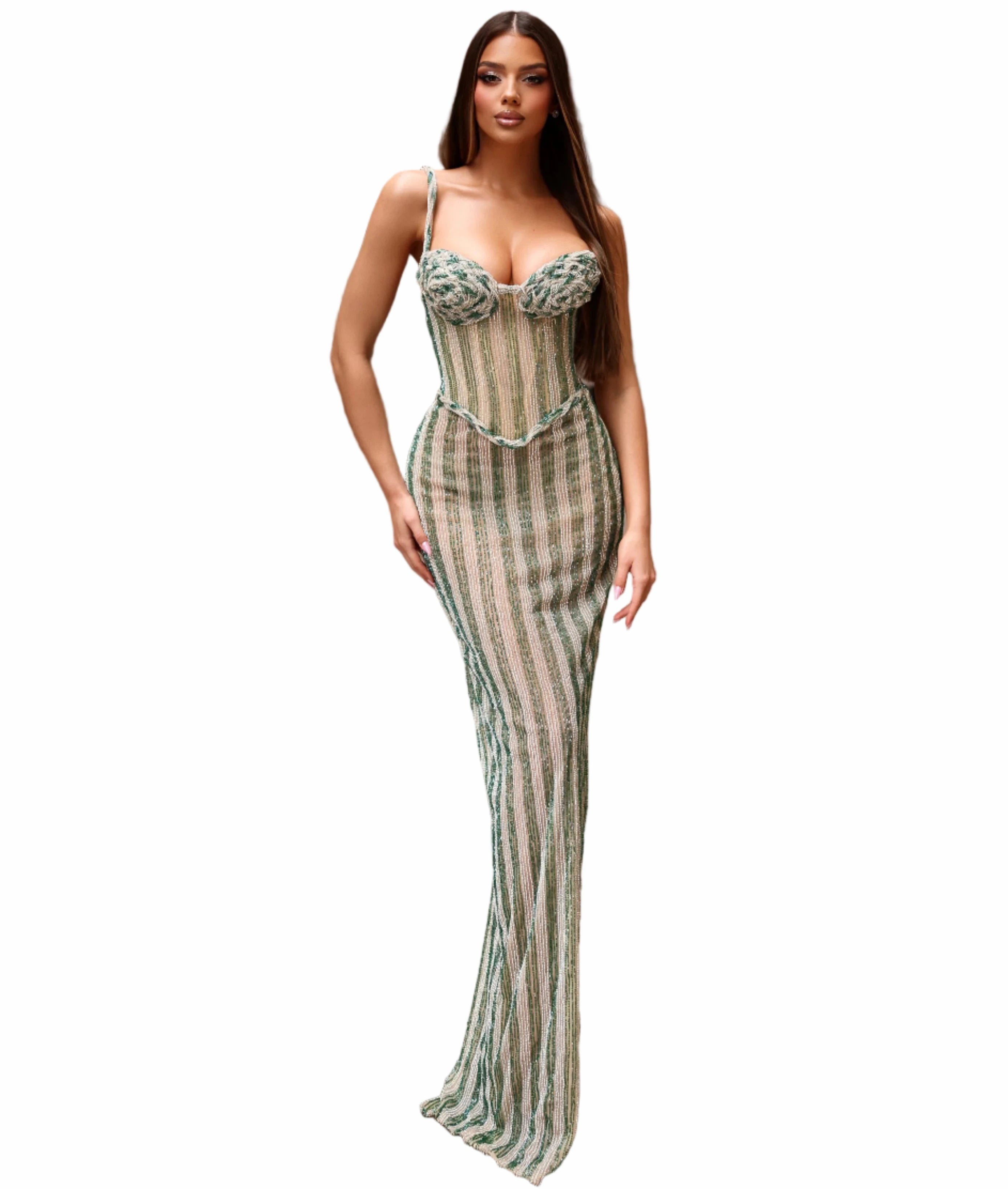 Woman in a long, patterned dress 