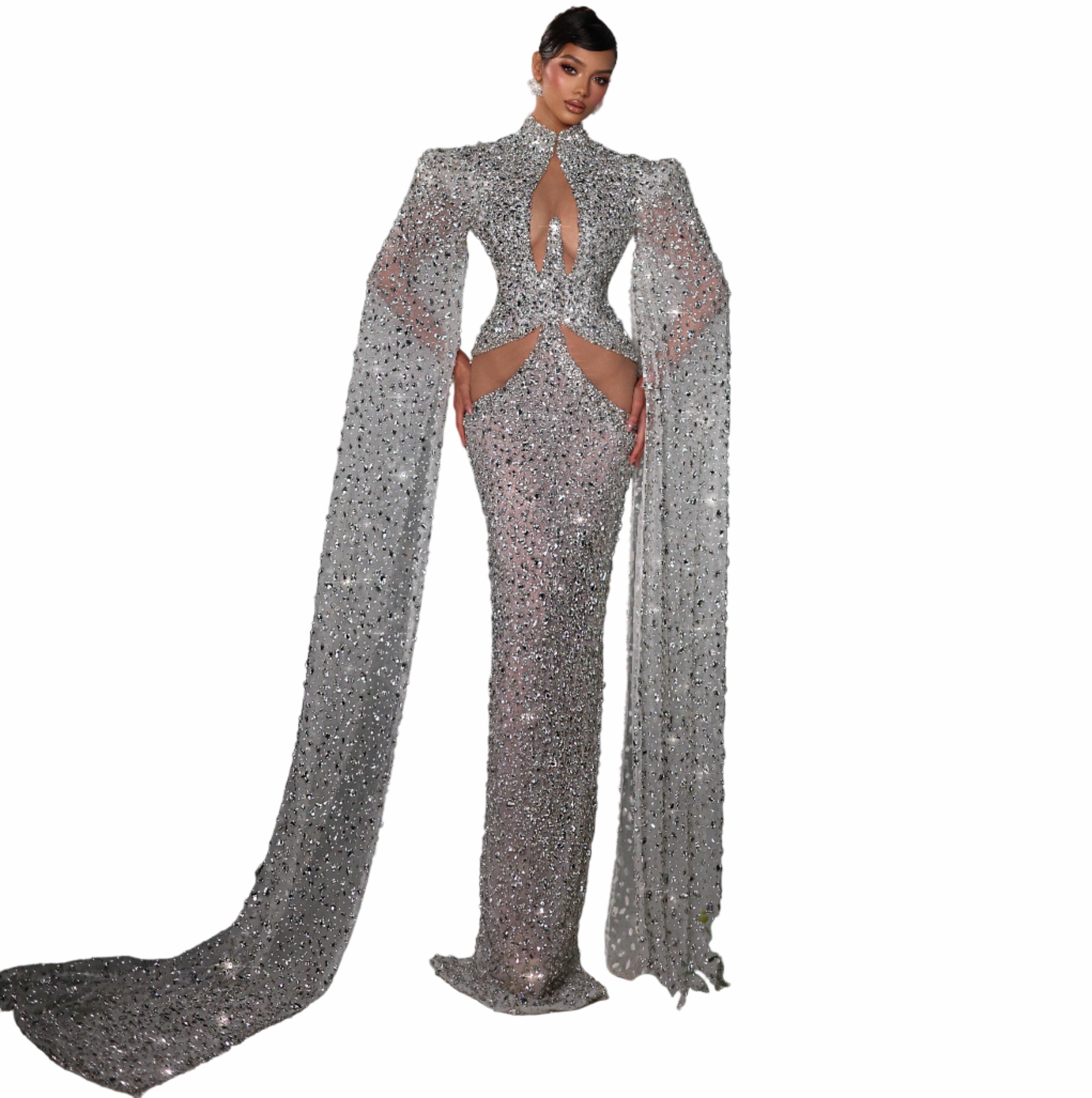 Person wearing a sparkling silver gown with a long train 