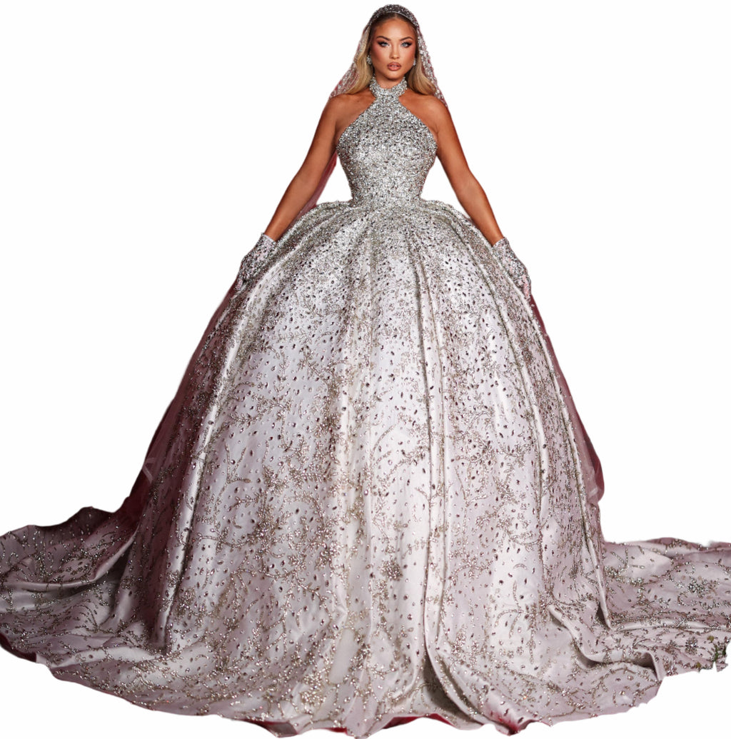 Woman in a sparkling silver ball gown 