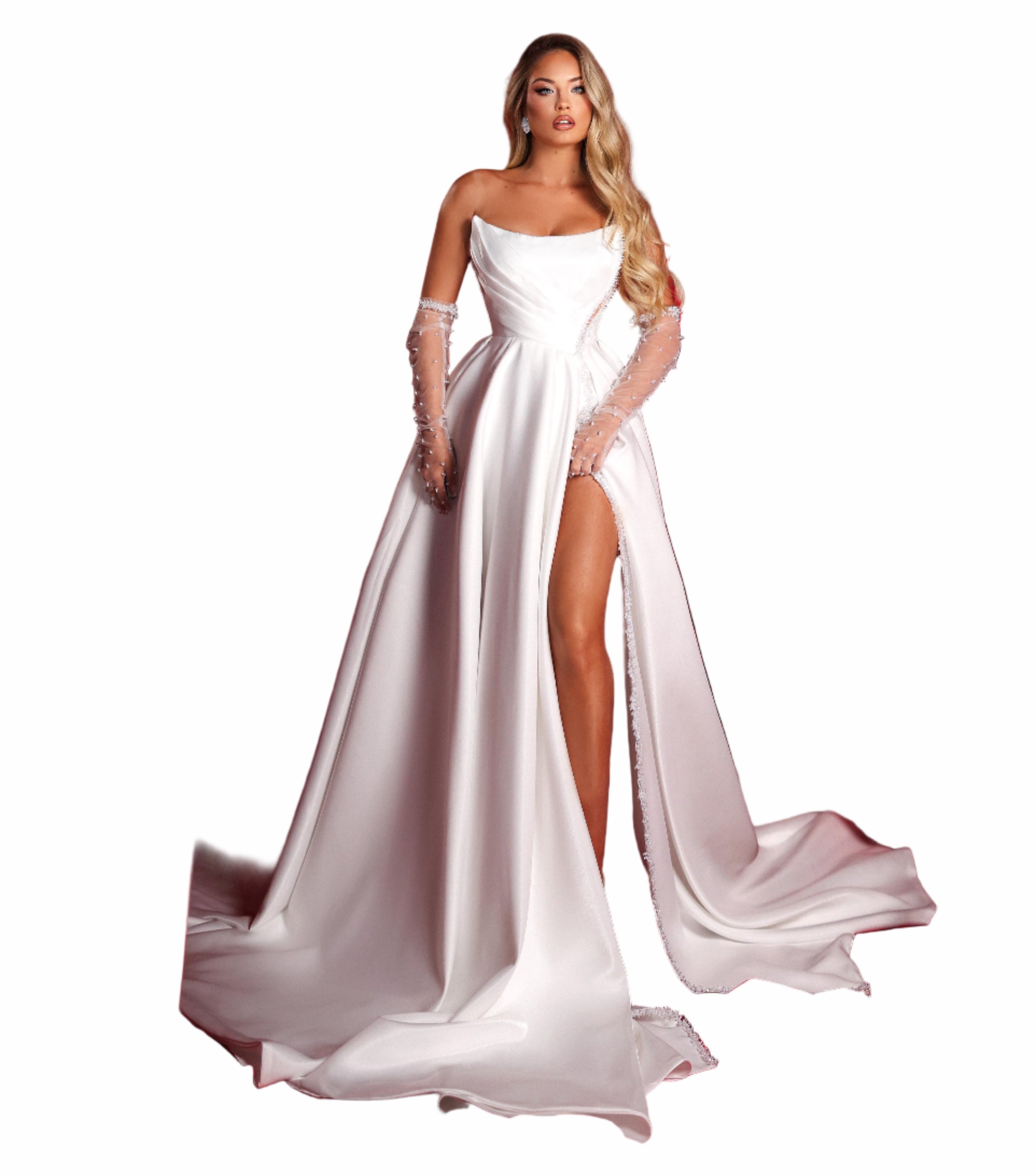 Woman in a white dress with a high slit standing in front of red curtains.