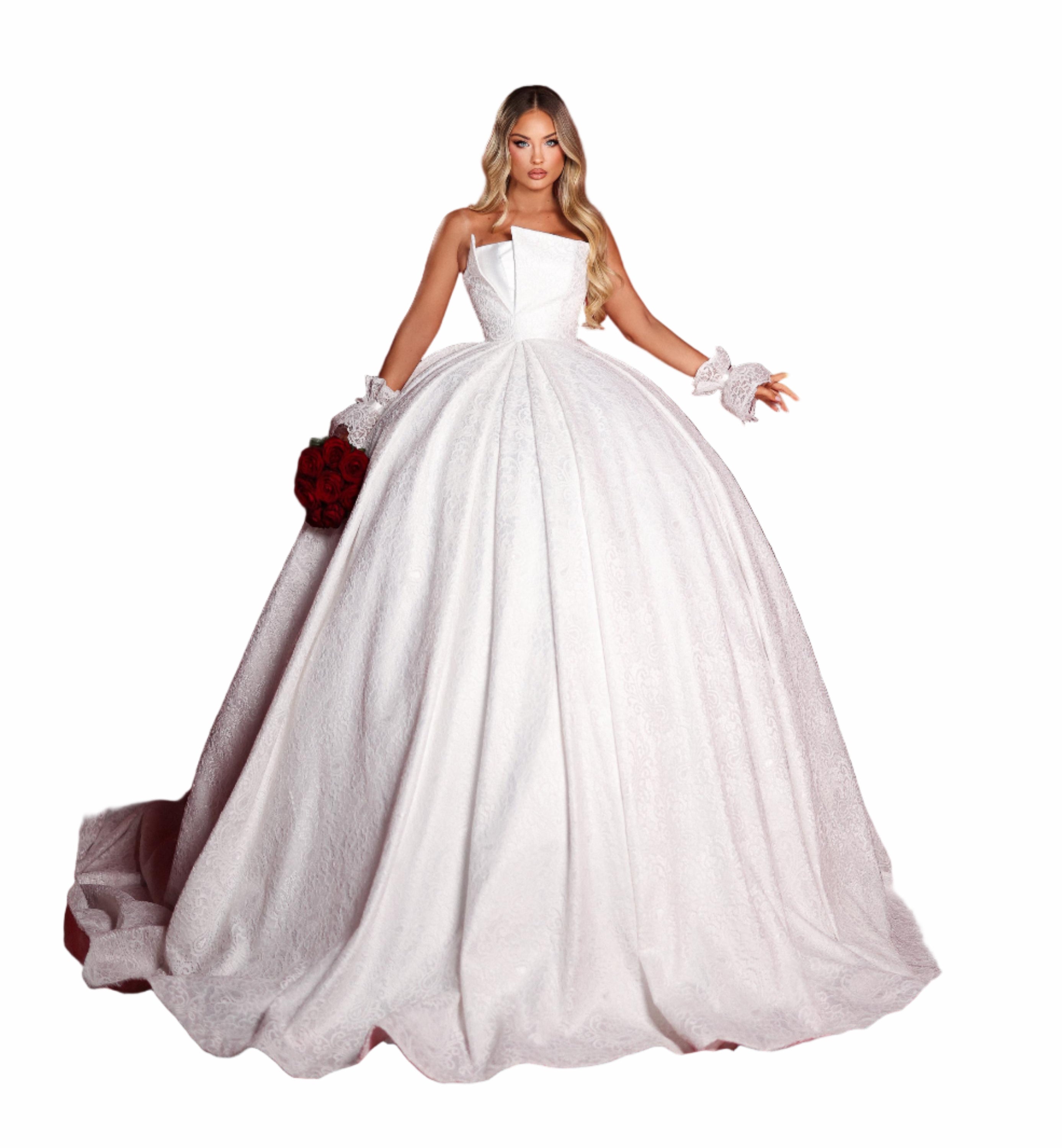 Woman in a white wedding dress standing in front of red curtains