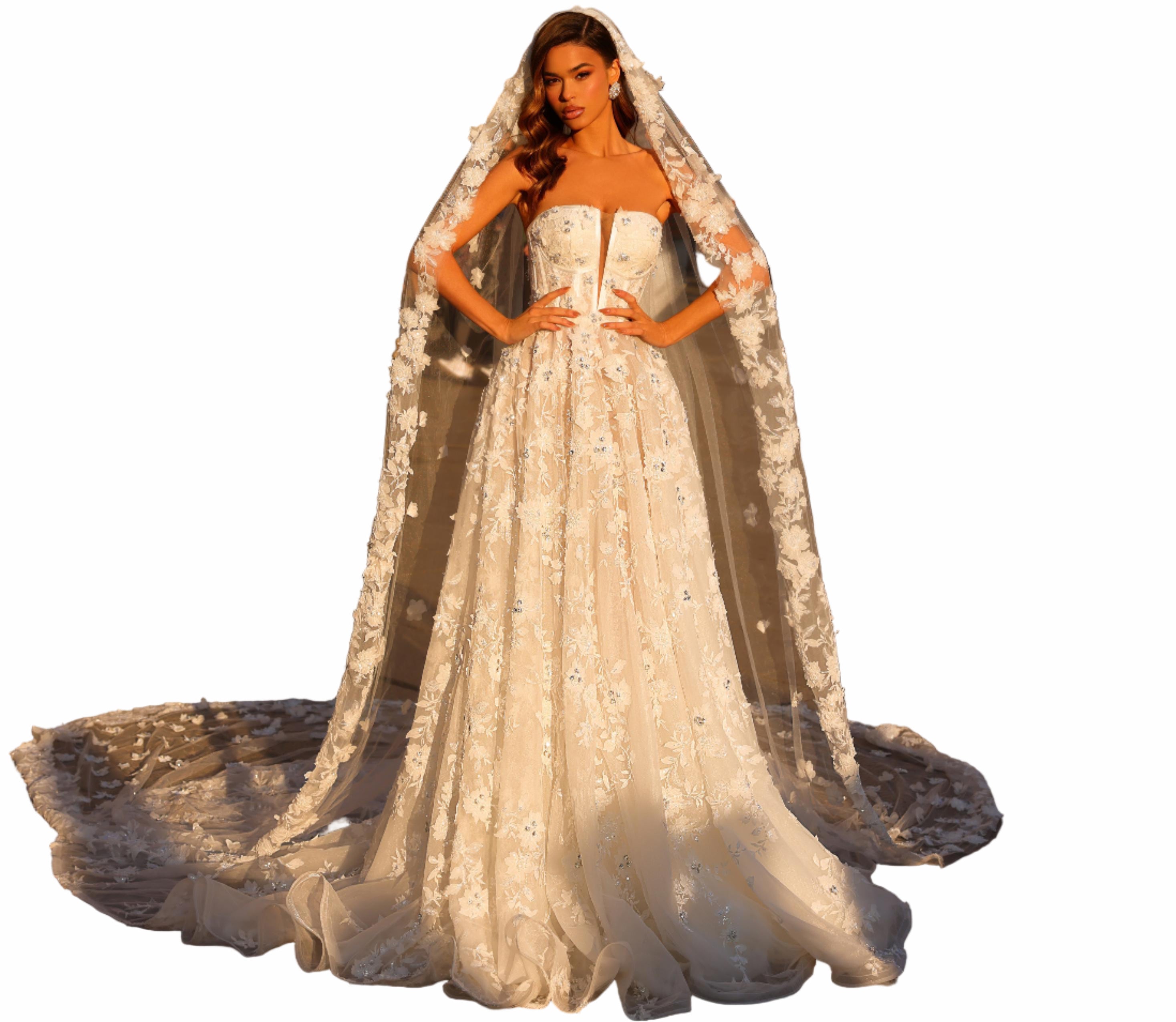 Woman in a white wedding dress with a long train 