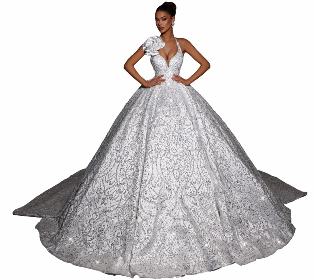 Woman in a white lace wedding dress 