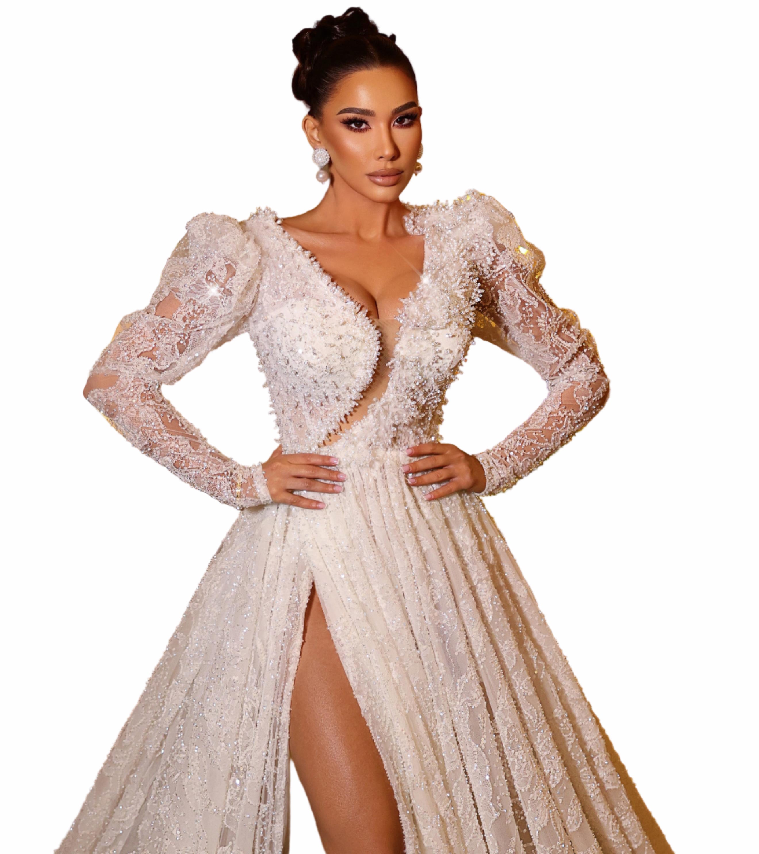 Woman wearing a white lace dress 