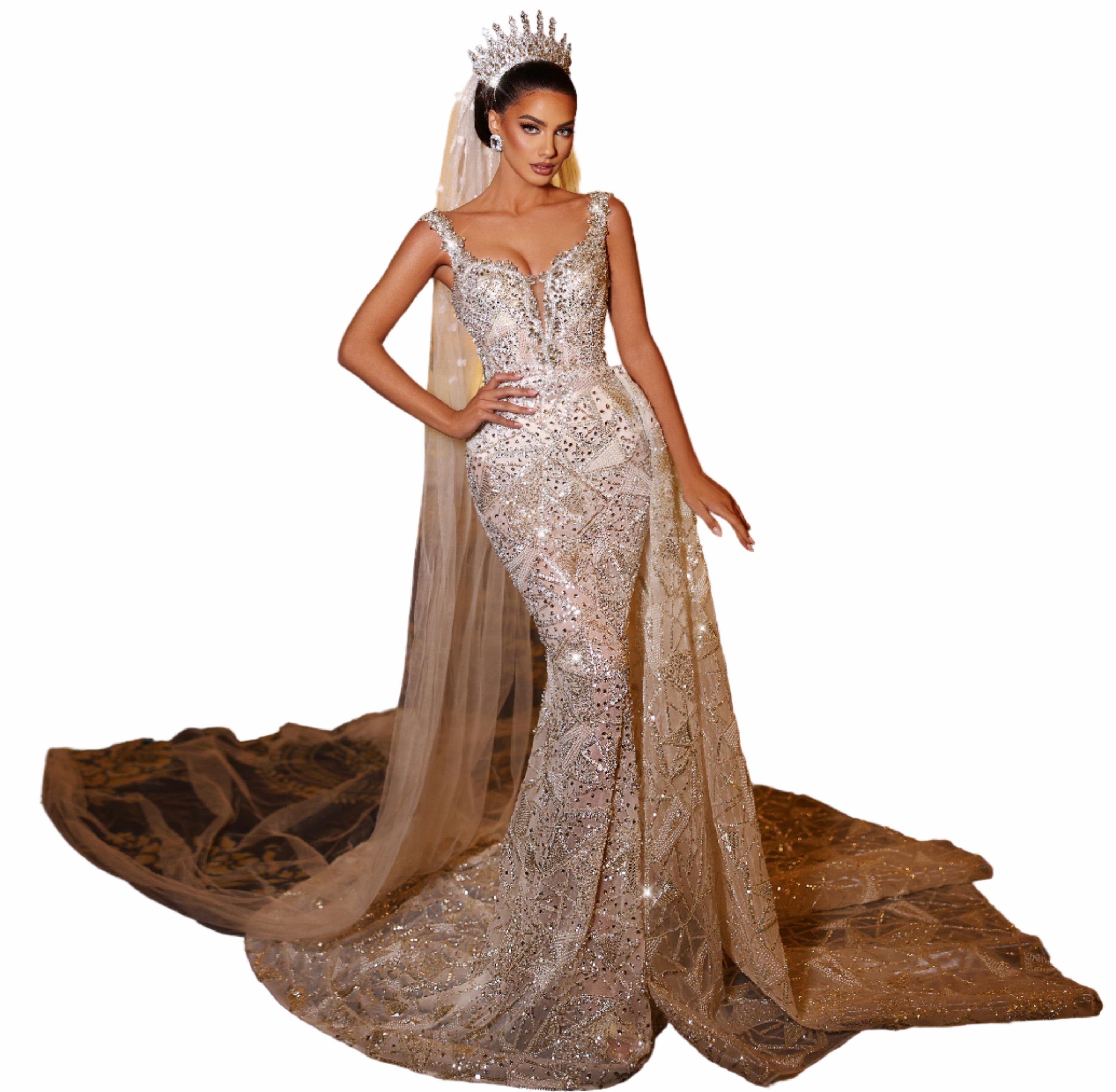 Woman in a sparkling evening gown with a long train 