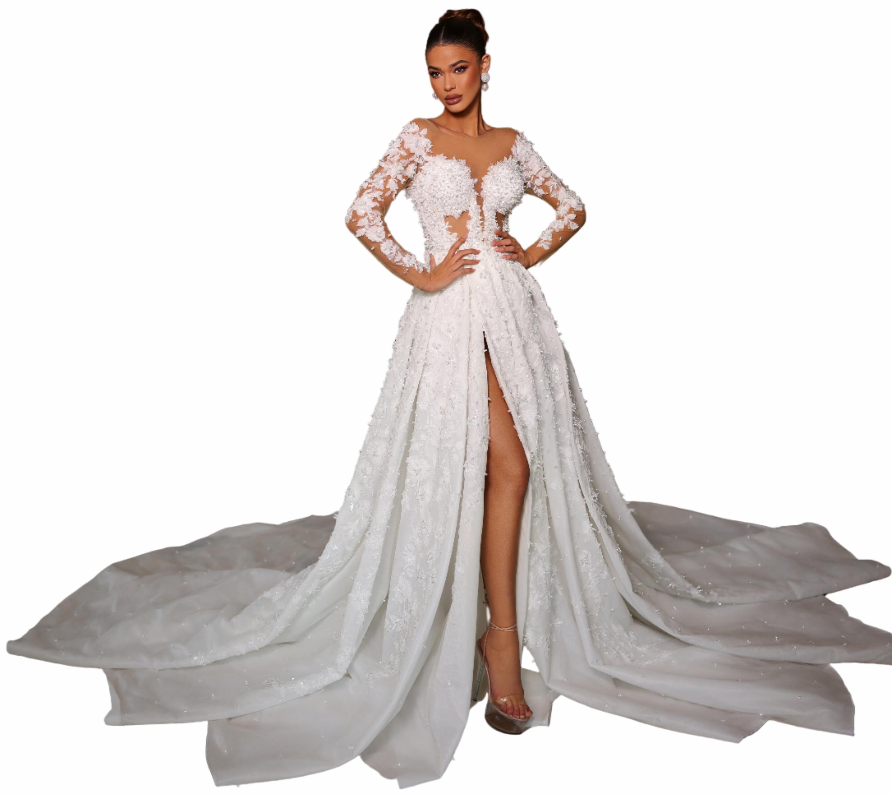 Woman in a white wedding dress with a high slit 