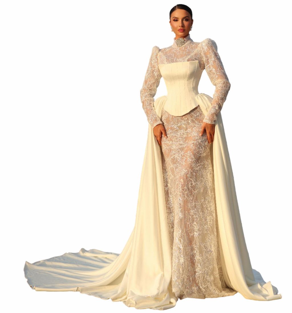 Woman in a white lace gown 