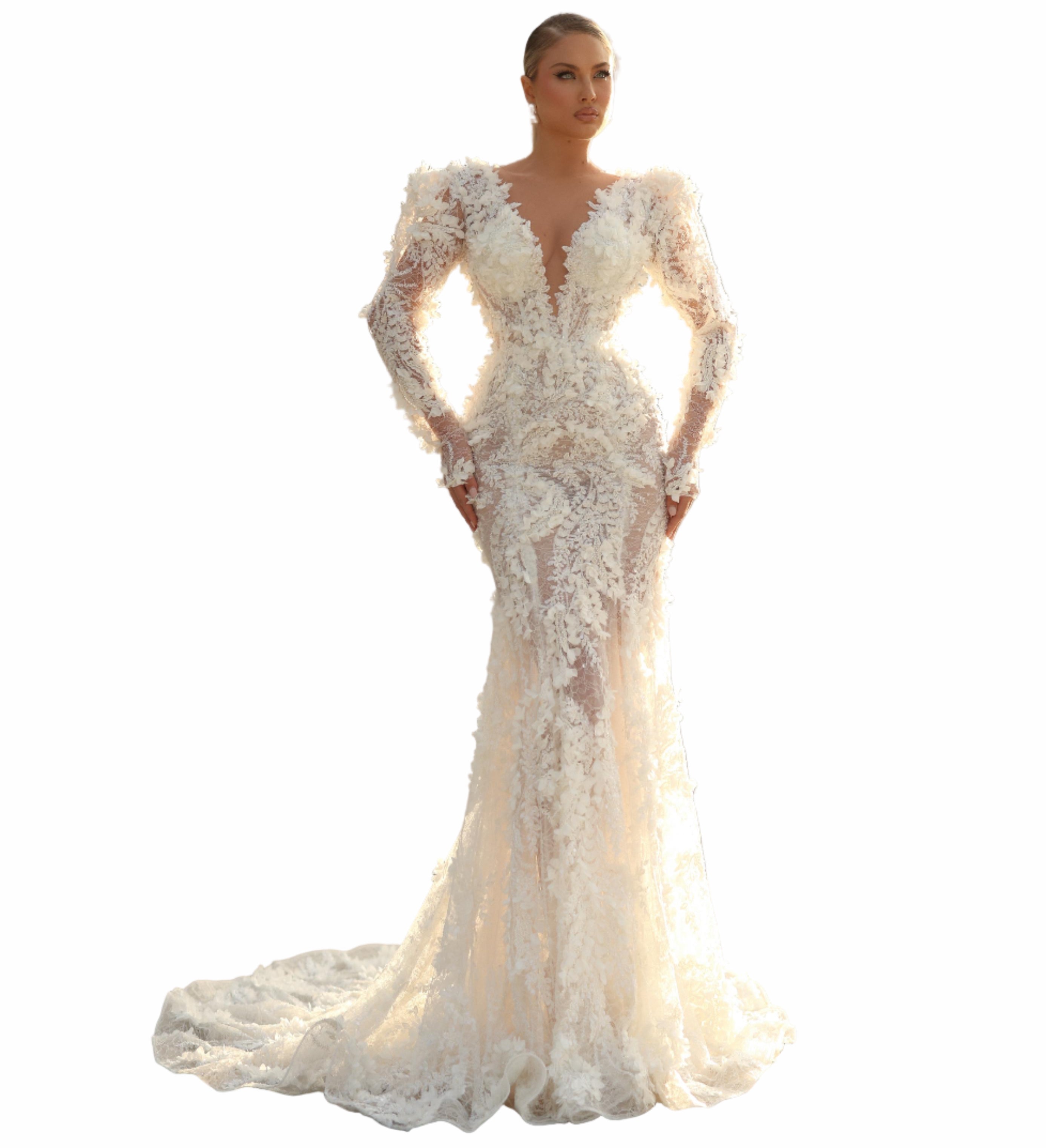 Woman in a white lace wedding dress 