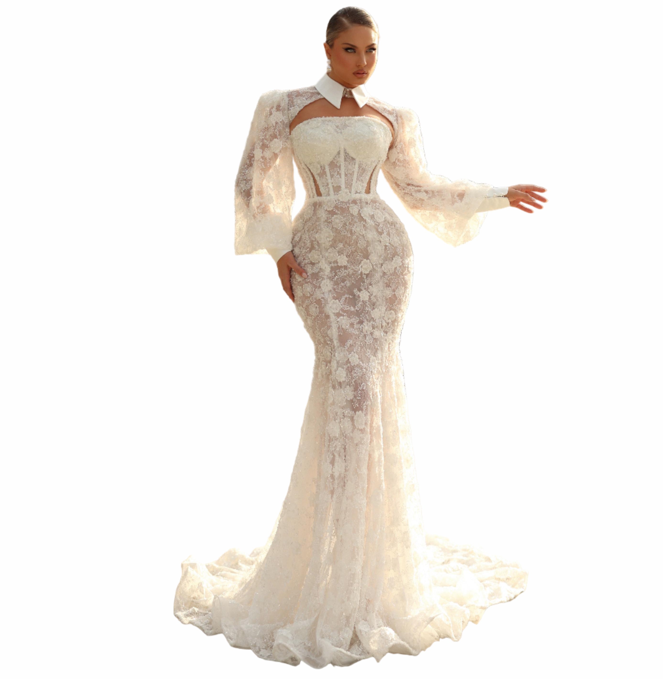 Woman in a white lace dress standing 