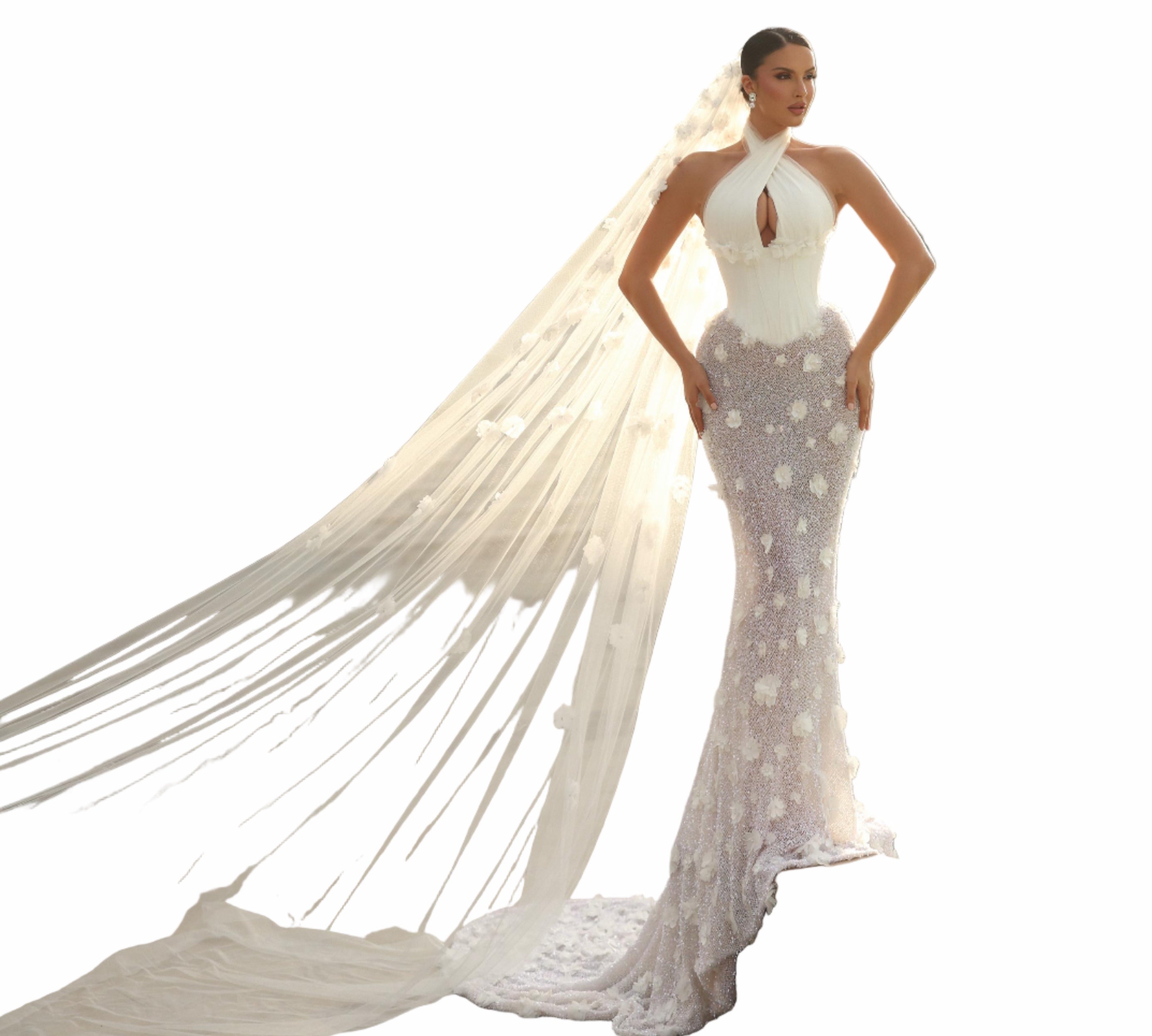 Woman in a white wedding dress with a long veil