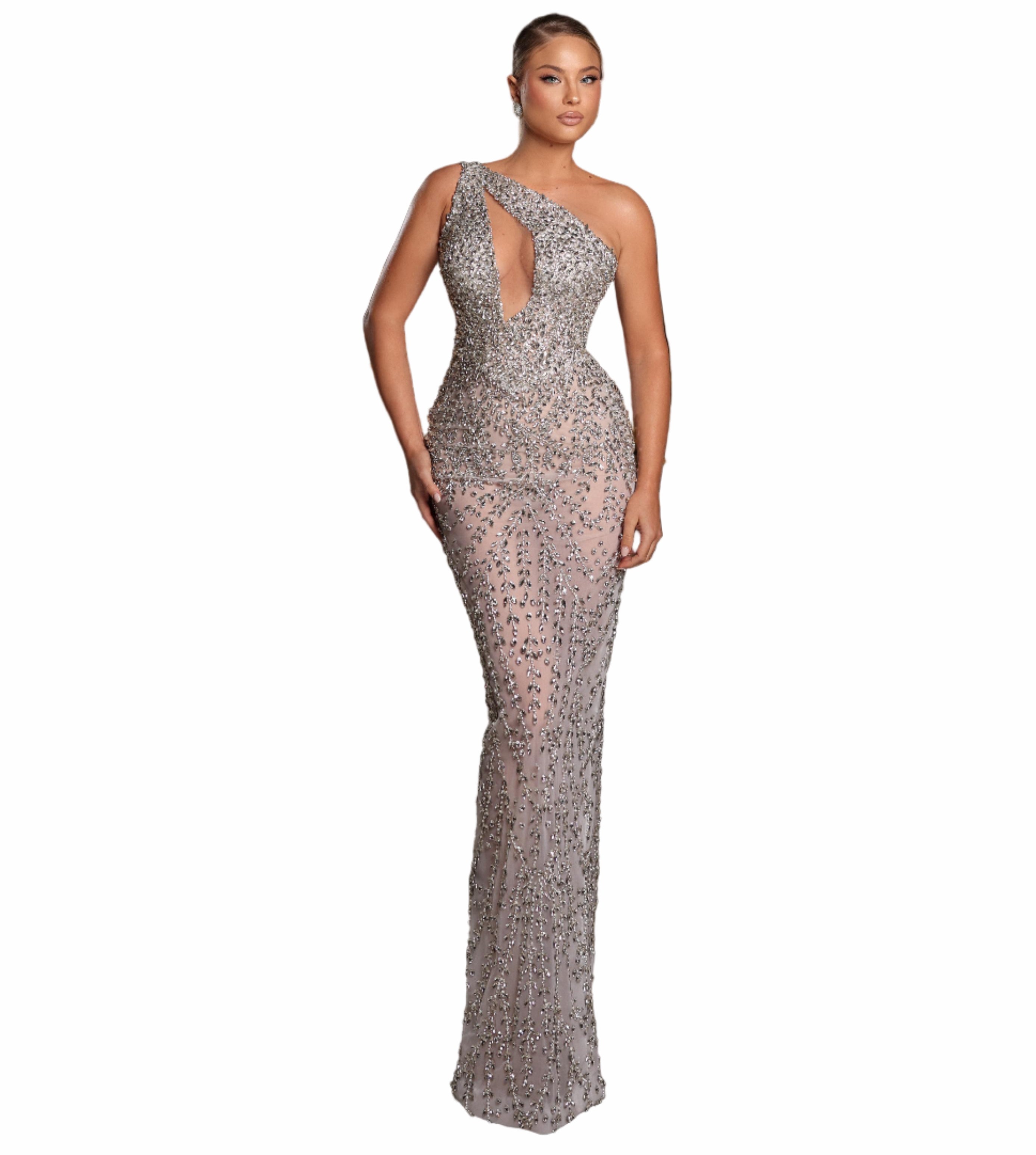 Woman in a silver one-shoulder evening gown standing 