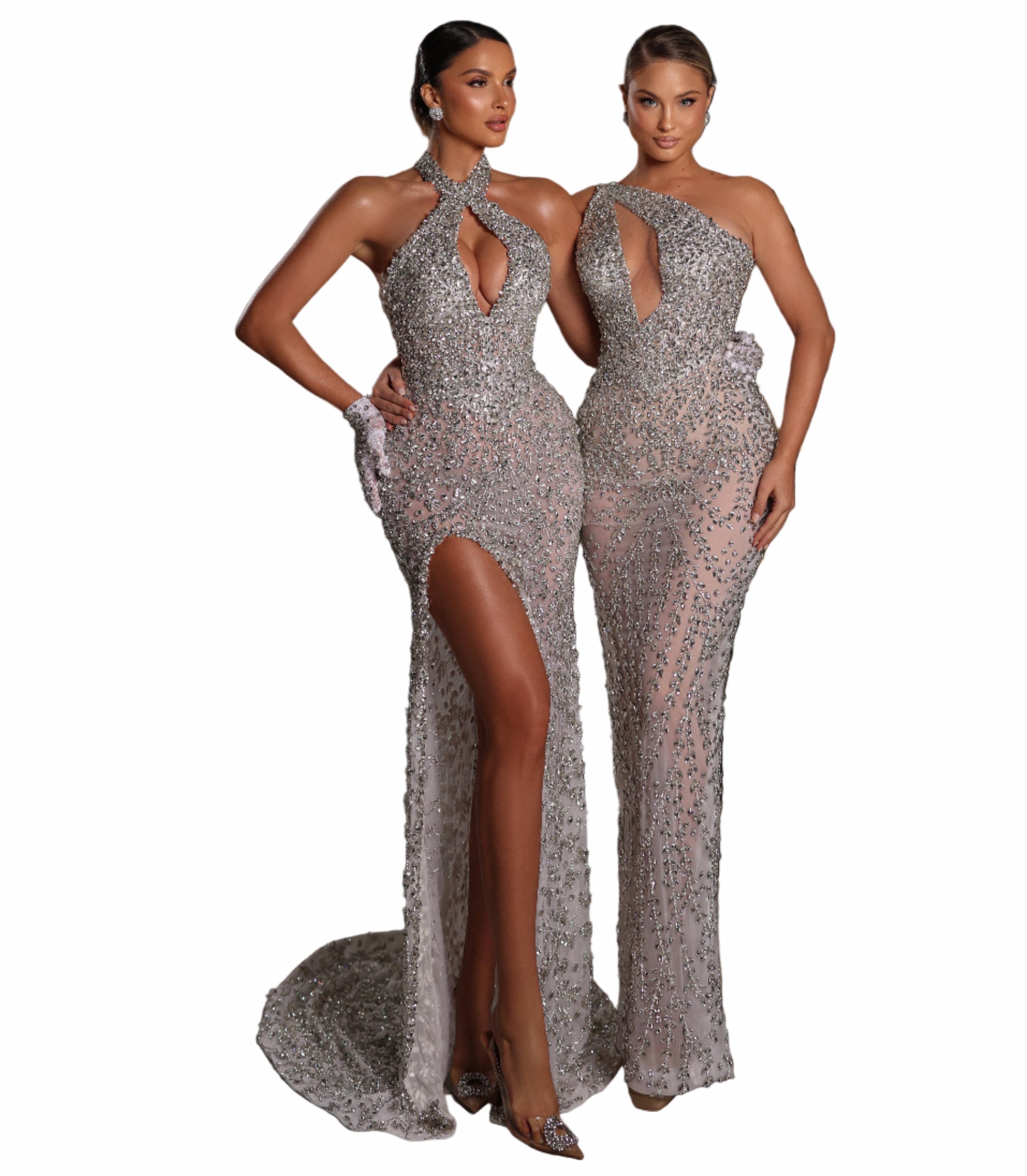 Womens in a sparkling silver gown 