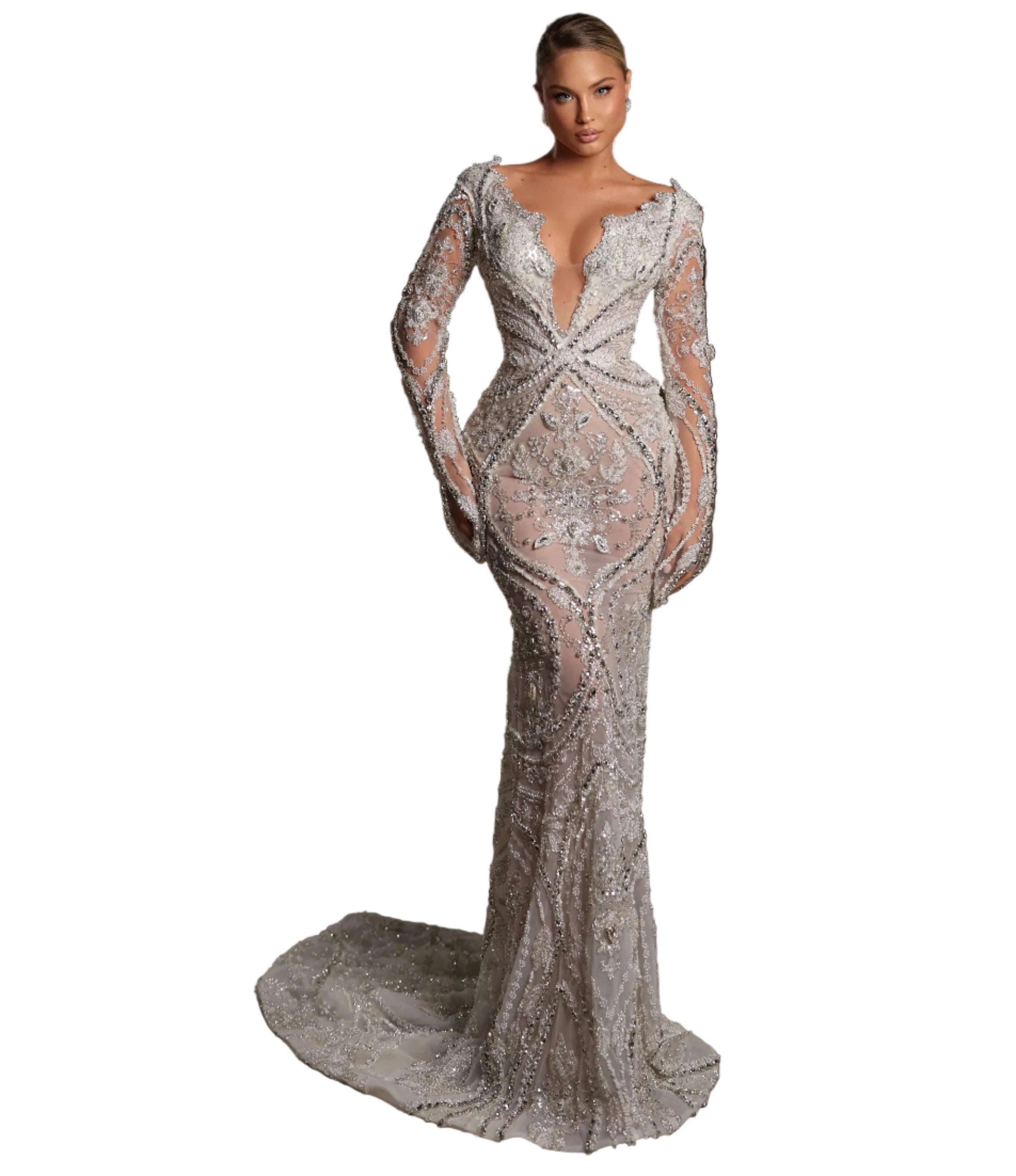 Woman in a sparkling evening gown standing 