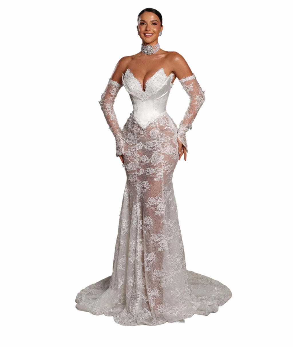 Woman in a white lace wedding dress 