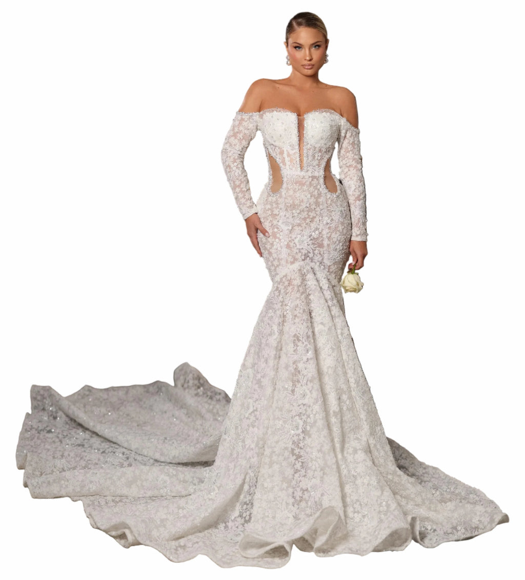 Woman in a white lace wedding dress 